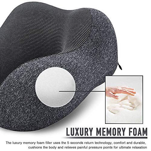 MLVOC Travel Pillow 100% Pure Memory Foam Neck Pillow, Comfortable & Breathable Cover, Machine Washable, Airplane Travel Kit with 3D Contoured Eye Masks, Earplugs, and Luxury Bag, Standard (Black)