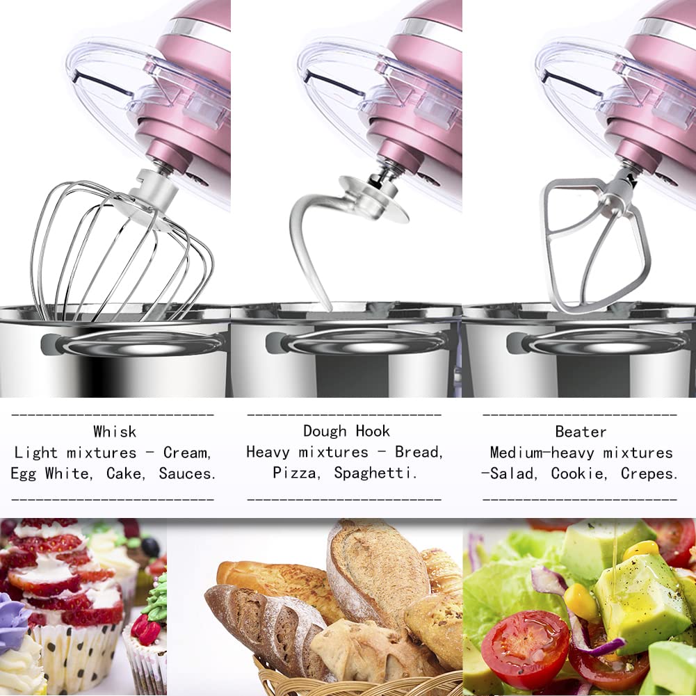 Aucma Stand Mixer,6.5-QT 660W 6-Speed Tilt-Head Food Mixer, Kitchen Electric Mixer with Dough Hook, Wire Whip & Beater (6.5QT, Pink)