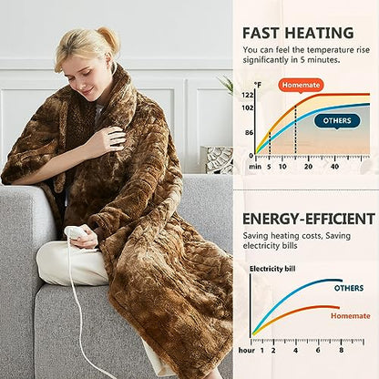 Homemate Heated Blanket Electric Throw - 50x60 Heating Blanket Throw 5 Gears Auto-Off 10 Heat Levels Heat Blanket Over-Heat Protection Luxury Faux Fur Sherpa Heater Blanket Electric ETL Certification