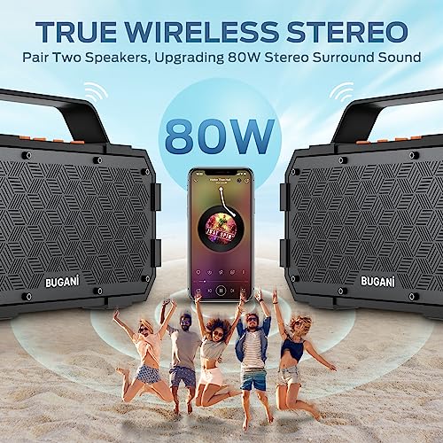 BUGANI Bluetooth Speaker, Portable Bluetooth Speakers with 40W Stereo Sound, Loud Bluetooth Speaker 24H Playtime Support TF Card/AUX, IPX6 Waterproof for Beach Camping Outdoor Indoor