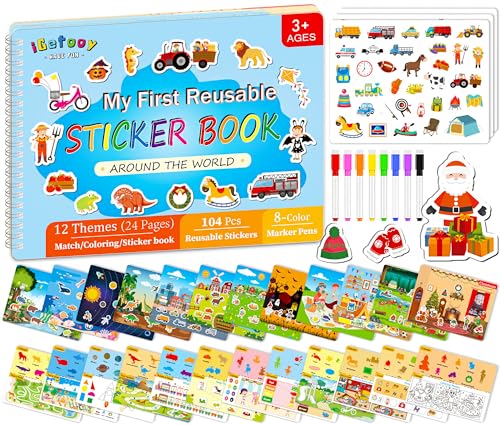 iGetooy Reusable Sticker Books for Toddlers 1-3, Preschool Learning Activities Busy Book for Kids, 104Pcs Reusable Stickers Toddler Learning Activities Book Christmas Birthdays Gifts for Boys Girls