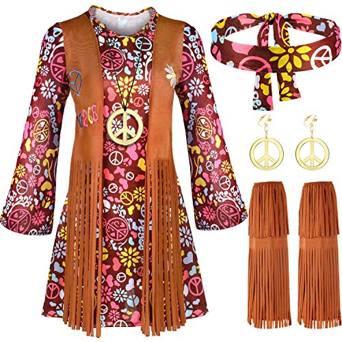 SATINIOR Women Hippie Costume Set Peace Sign Earring Necklace Headband Dress Ankle Socks