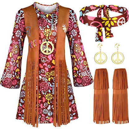 SATINIOR Women Hippie Costume Set Peace Sign Earring Necklace Headband Dress Ankle Socks