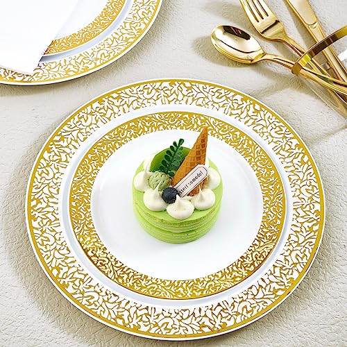150 Count Gold Dinnerware Set, Elegant Plastic Plates Disposable Include: 25 Gold Lace Plastic Plates, 25 Dessert Plates, 25 Forks, 25 Knives, 25 Spoons, 25 Cup, Ideal for Party, Birthday