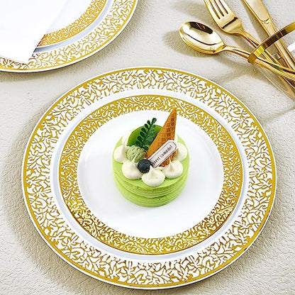 150 Count Gold Dinnerware Set, Elegant Plastic Plates Disposable Include: 25 Gold Lace Plastic Plates, 25 Dessert Plates, 25 Forks, 25 Knives, 25 Spoons, 25 Cup, Ideal for Party, Birthday