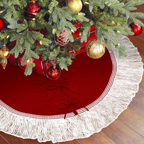 OurWarm Christmas Tree Skirt 48 inches Knitted Xmas Tree Skirt with White Tassels, Knit Red Tree Skirt for Christmas Tree Indoor Holiday Party Christmas Decorations