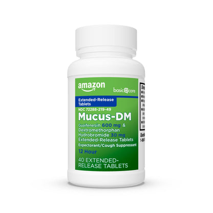 Amazon Basic Care Mucus Relief DM, 12 Hour Guaifenesin and Dextromethorphan Hydrobromide Extended-Release Tablets, 600 mg/30 mg, Cough Medicine for Adults and Children 12 Years and Over, 40 Count