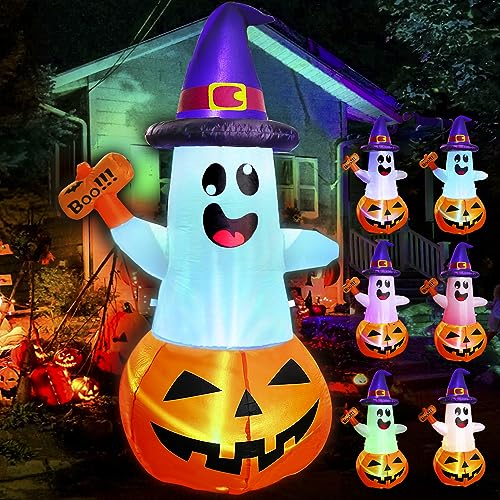 fotako 5FT Halloween Inflatables Decorations Outdoor Pumpkin Ghost with Multi-Color Flashing Build-in LED Blow Up Yard Decor Inflatables Clearance for Halloween Party Indoor Outdoor Yard Garden Lawn