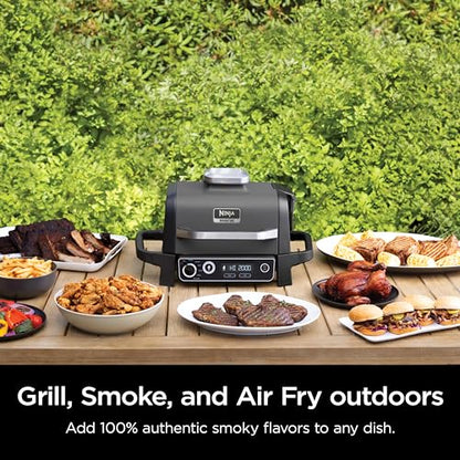 Ninja OG701 Woodfire Outdoor Grill & Smoker, 7-in-1 Master Grill, BBQ Smoker, & Air Fryer plus Bake, Roast, Dehydrate, & Broil, uses Ninja Woodfire Pellets, Weather-Resistant, Portable, Electric, Grey