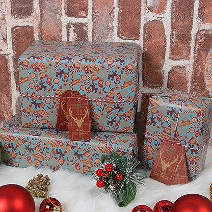 Aimyoo Kraft Christmas Wrapping Paper Jumbo Roll, Santa Claus Christmas Stockings Candy Canes Deer Letters Design, Kids Xmas Gift Wrap Paper 30 inch x 32 ft