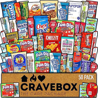 CRAVEBOX Snack Box Variety Pack Care Package (50 Count) Halloween Treats Gift Basket Boxes Pack Adults Kids Grandkids Guys Girls Women Men Boyfriend Candy Birthday Cookies Chips Teenage Mix College Student Food Sampler Office School