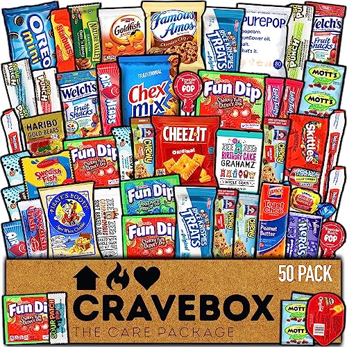 CRAVEBOX Snack Box Variety Pack Care Package (50 Count) Halloween Treats Gift Basket Boxes Pack Adults Kids Grandkids Guys Girls Women Men Boyfriend Candy Birthday Cookies Chips Teenage Mix College Student Food Sampler Office School