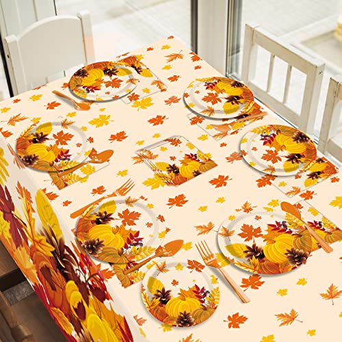 24 Guests Thanksgiving Plates and Napkins Sets Fall Party Supplies Tablecloth Plates Napkins Forks Set, Autumn Leaves Disposable Tableware Decorations Pumpkin Maple Fall Party Decorations Favors