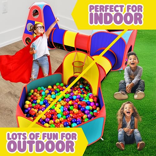 Playz 5pc Kids Play Tent Jungle Gym, Ball Pit, Pop Up Tents & Play Tunnel for Toddlers, Babies, and Kids Indoor & Outdoor Playhouse Bundle with Dartboard and 5 Sticky Balls, Gift for Boys & Girls