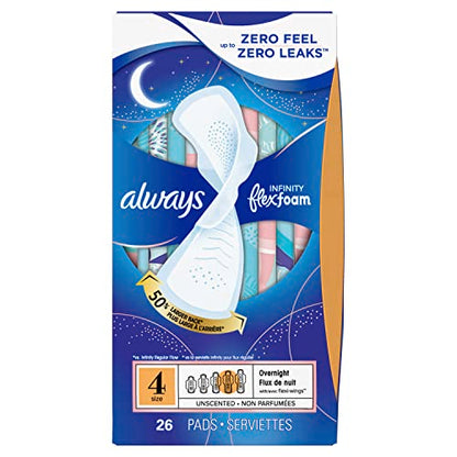 Always Infinity Feminine Pads For Women, Size 4 Overnight Absorbency, Multipack, With Flexfoam, With Wings, Unscented, 26 Count x 3 Packs (78 Count total)