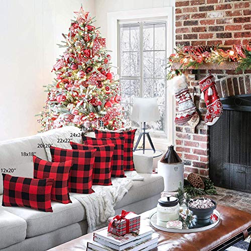 4TH Emotion Set of 2 Christmas Buffalo Check Plaid Throw Pillow Covers Cushion Case Polyester for Farmhouse Home Decor Red and Black, 18 x 18 Inches