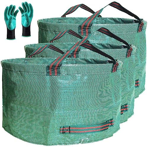 Professional 3-Pack 63 Gallons Lawn Garden Bags (D31, H19 inches) Reusable Yard Waste Debris Bags with Gardening Gloves - Standable Leaf Bags,Yard Trash Containers,Grass Clippings Bags with 4 Handles