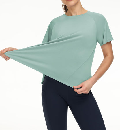 THE GYM PEOPLE Women's Short Sleeve Workout Shirts Breathable Yoga T-Shirts with Side Slits Athletic Tee Tops Light Green