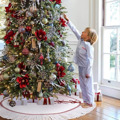 OurWarm Christmas Tree Skirt 48 inches Knitted Xmas Tree Skirt with White Tassels, Knit Red Tree Skirt for Christmas Tree Indoor Holiday Party Christmas Decorations