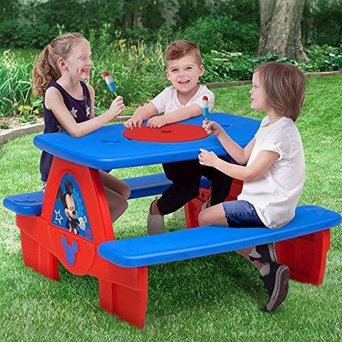 Disney Mickey Mouse 4 Seat Activity Picnic Table with Umbrella and Lego Compatible Tabletop by Delta Children, 32.5 in x 34.25 in x 53.5 in