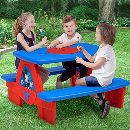 Disney Mickey Mouse 4 Seat Activity Picnic Table with Umbrella and Lego Compatible Tabletop by Delta Children, 32.5 in x 34.25 in x 53.5 in