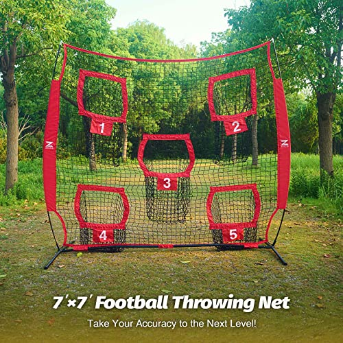 ZELUS Football Throwing Net, 7x7ft Football Training Equipment with 5 Target Pockets for Throwing and Passing Practice, Portable Quarterback Trainer Net, QB Throw Accuracy Net with Carry Bag