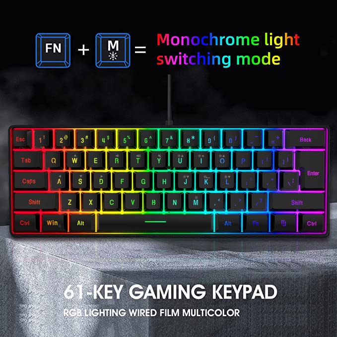 DGG K60 61 Keys RGB Backlit 60% Wired Gaming Keyboard, Ergonomic Waterproof Mini Compact 60 Percent Mechanical Feeling Keyboard, for PC Mac PS4 Xbox Gamer, Typist, Travel