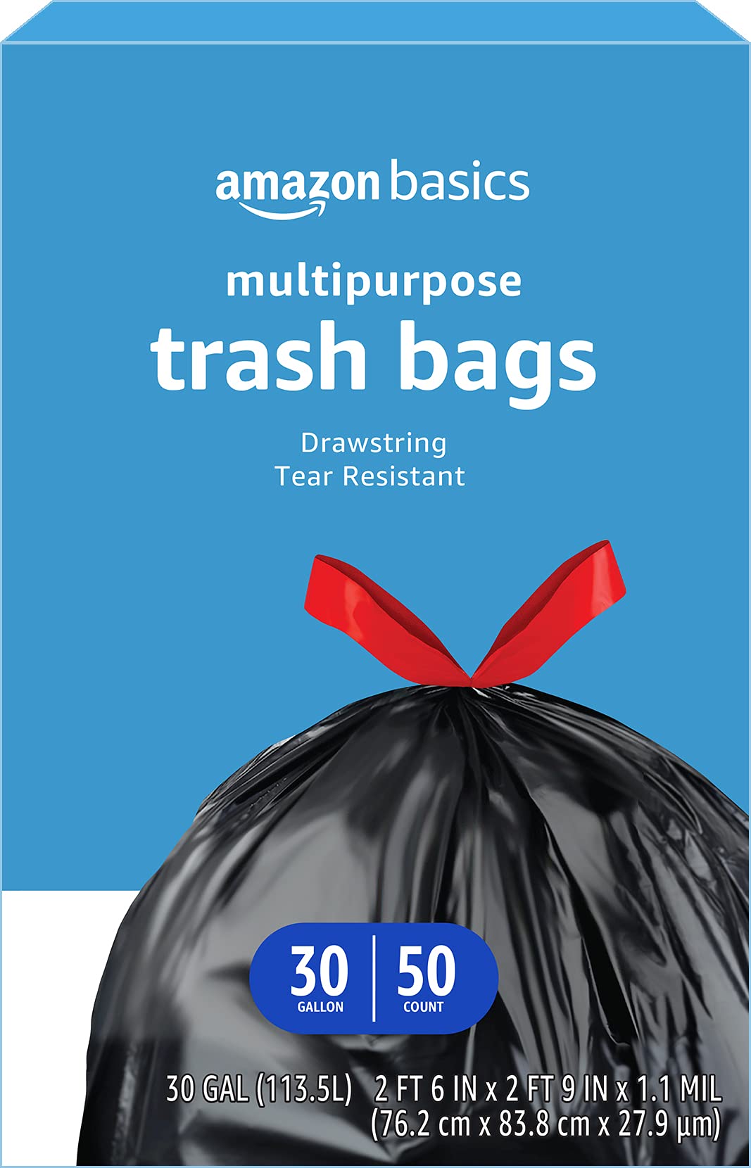 Amazon Basics Multipurpose Drawstring Trash Bags, Unscented, 30 Gallon, 50 Count (Previously Solimo)