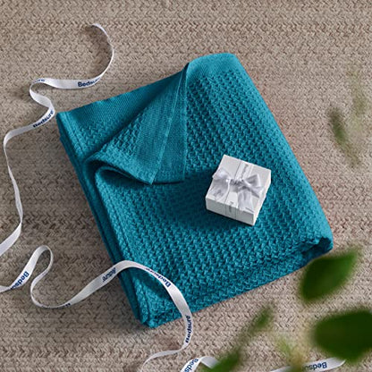 Bedsure 100% Cotton Blankets Queen Size for Bed - 405GSM Waffle Weave Blankets for All Seasons, Cozy and Soft Woven Blankets, Lightweight Fall Blankets, Teal, 90x90 Inches
