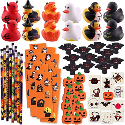 NEWBEA 156 Piece Halloween Party Favors Toys Assortment | 72 Halloween Glitter Tattoos | 48 Halloween Erasers | 12 Halloween Ducks | 12 Halloween Sticker Sheets | 12 Halloween Pencils