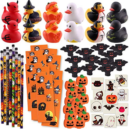 NEWBEA 156 Piece Halloween Party Favors Toys Assortment | 72 Halloween Glitter Tattoos | 48 Halloween Erasers | 12 Halloween Ducks | 12 Halloween Sticker Sheets | 12 Halloween Pencils