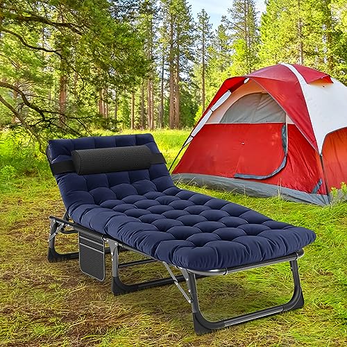 Portable Folding Camping Cot, Adjustable 4-Position Adults Reclining Chaise with Pillow, Outdoor Lounge Chair Sleeping Cots Bed, Perfect for Camping, Pool, Beach, Patio