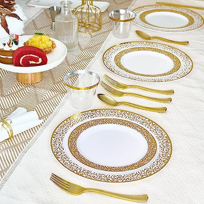 150 Count Gold Dinnerware Set, Elegant Plastic Plates Disposable Include: 25 Gold Lace Plastic Plates, 25 Dessert Plates, 25 Forks, 25 Knives, 25 Spoons, 25 Cup, Ideal for Party, Birthday