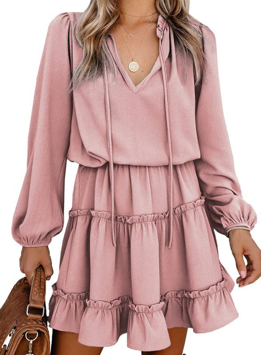 Dokotoo Womens Cute Dresses Spring Casual Sexy Deep V Neck Ruffle Chiffon Lantern Long Sleeve Elegant Empire Waist Flowy Mini Short Skirt Dresses for Women Party 2023 Pink Large