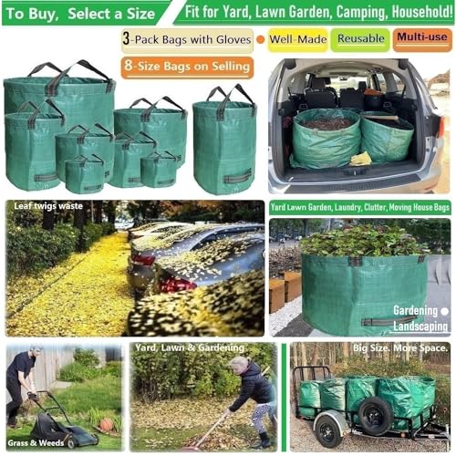 Professional 3-Pack 63 Gallons Lawn Garden Bags (D31, H19 inches) Reusable Yard Waste Bags with Gardening Gloves - Standable Leaf Bags,Yard Trash Containers,Plants Grass Clippings Bags with 4 Handles