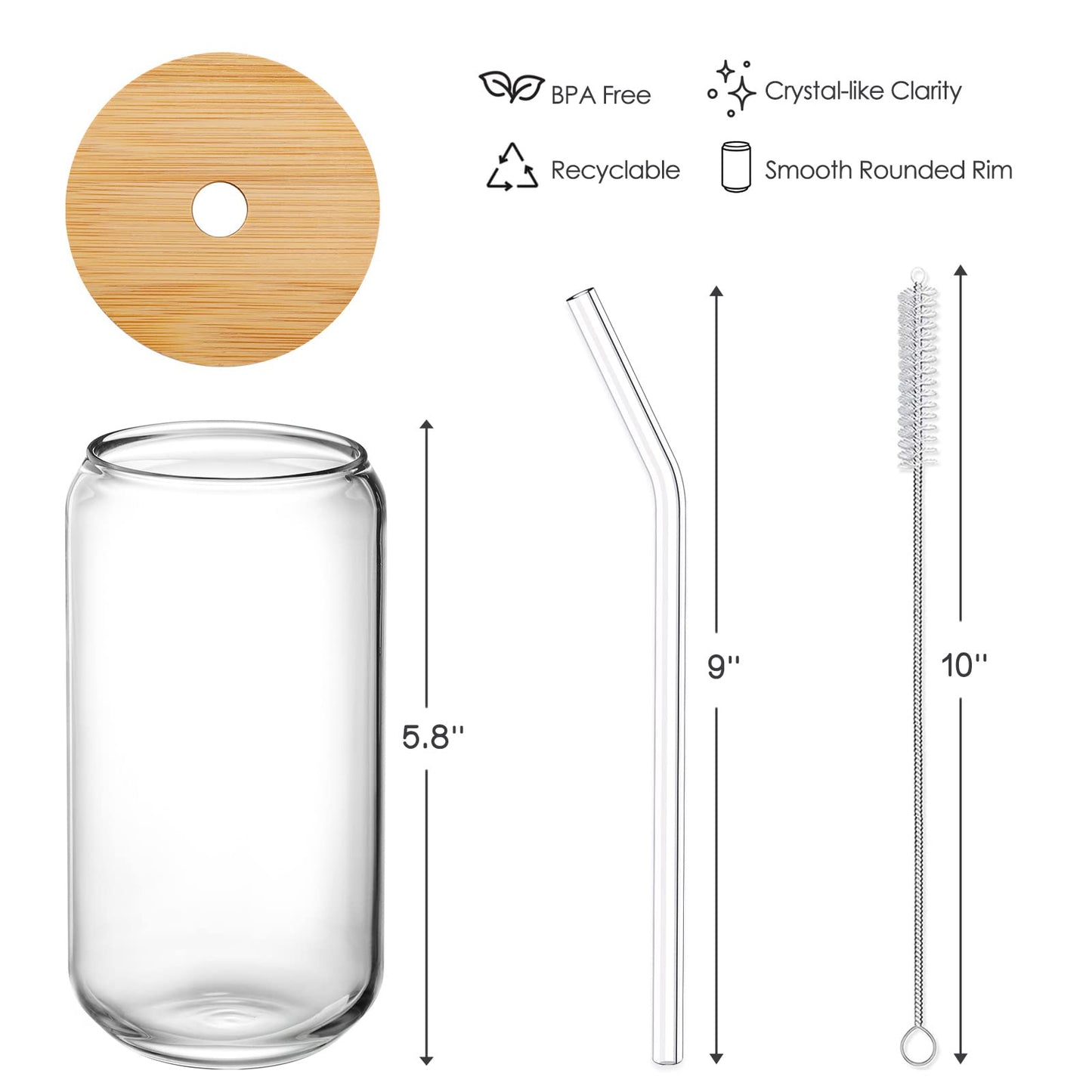 Drinking Glasses with Bamboo Lids and Glass Straw 4pcs Set - 16oz Can Shaped Cups, Beer Glasses, Iced Coffee Cute Tumbler Cup, Ideal for Cocktail, Whiskey, Gift 2 Cleaning Brushes