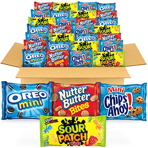 OREO Mini Cookies, CHIPS AHOY! Mini Cookies, SOUR PATCH KIDS Candy & Nutter Butter Bites Cookies & Candy Variety Pack, School Lunch Box Snacks, 32 Snack Packs