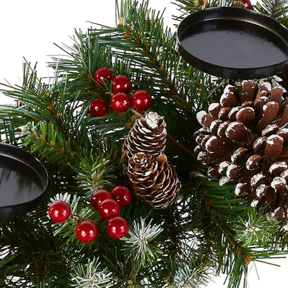 National Tree Company Artificial Christmas Centerpiece | Includes 3 Candle Holders, Red Berries, Pine Cones and Steal Base | Frosted Berry - 30 Inch