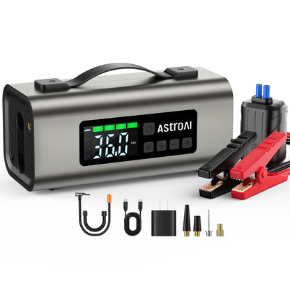 AstroAI Jump Starter with Air Compressor and Air Pump, 2500A Battery Jump Starter with 150PSI Tire Inflator, Up to 7.5L Gas & 5.0L Diesel Engine, 2" LED Screen for Car Tires, Air Mattress, Inflatables