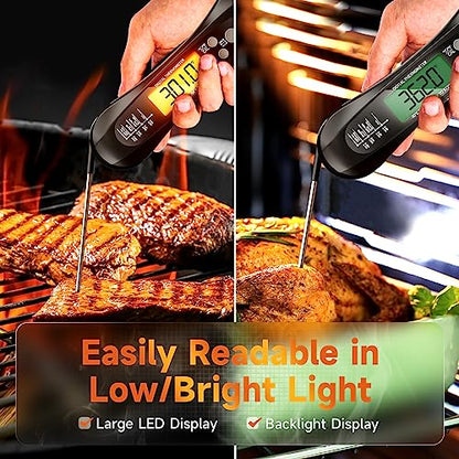 Meat Thermometer Digital, Meat Thermometer for Grilling and Cooking, Waterproof Instant Read Food Thermometer with Accurate Readings, Large LED Backlit Display and Foldable Probe for Kitchen & BBQ