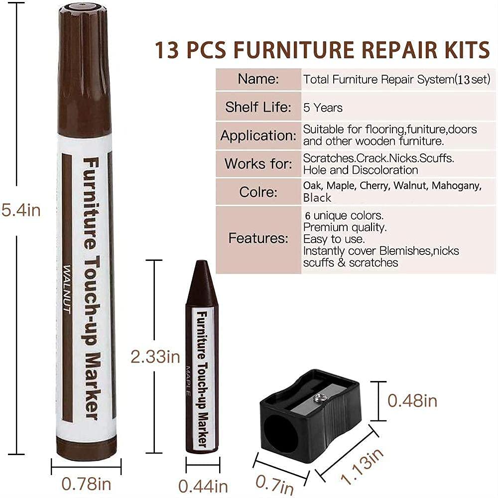 Furniture Repair Kit Wood Markers - Set of 12 - Markers and Wax Sticks with Sharpener Kit, for Stains, Scratches, Wood Floors, Tables, Desks, Carpenters, Bedposts, Touch Ups, and Cover Ups