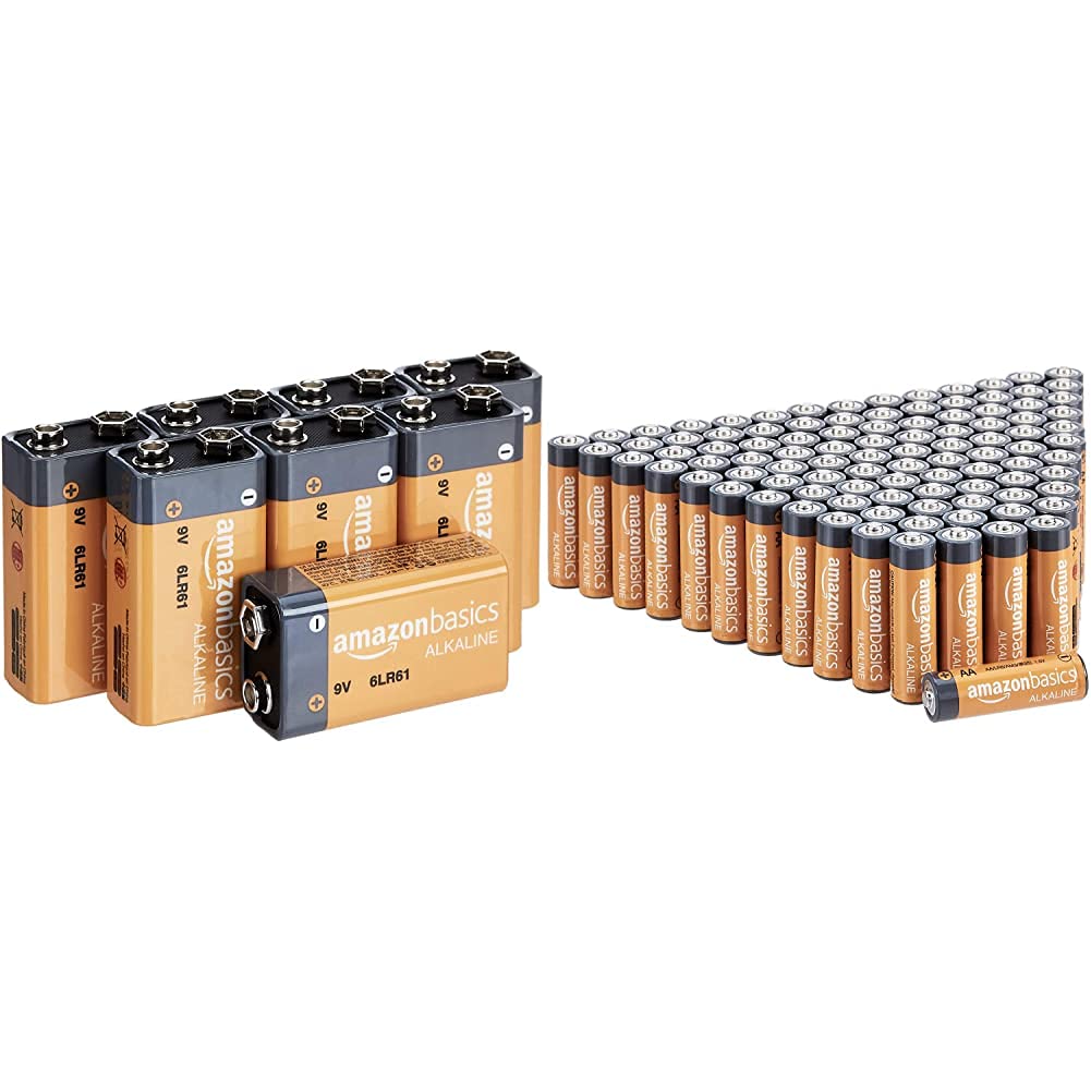 Amazon Basics 100 Pack AA High-Performance Alkaline Batteries, 10-Year Shelf Life, Easy to Open Value Pack & 8 Pack 9 Volt Performance All-Purpose Alkaline Batteries, 5-Year Shelf Life