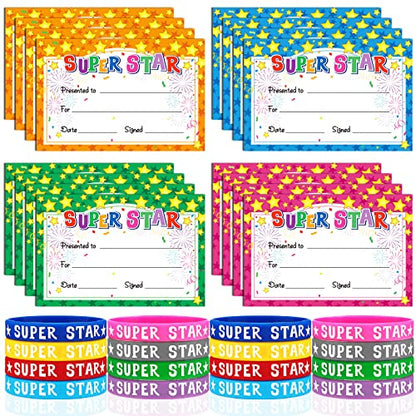 Junkin 32 Pcs Marquee You're a Star Award Certificate Star Student Wristbands Birthday Star Student Certificates Awards School Recognition Certificates for Students Kids Classroom (Star Style)