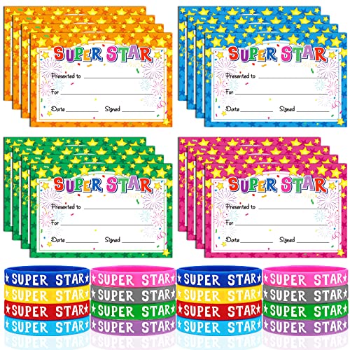 Junkin 32 Pcs Marquee You're a Star Award Certificate Star Student Wristbands Birthday Star Student Certificates Awards School Recognition Certificates for Students Kids Classroom (Star Style)