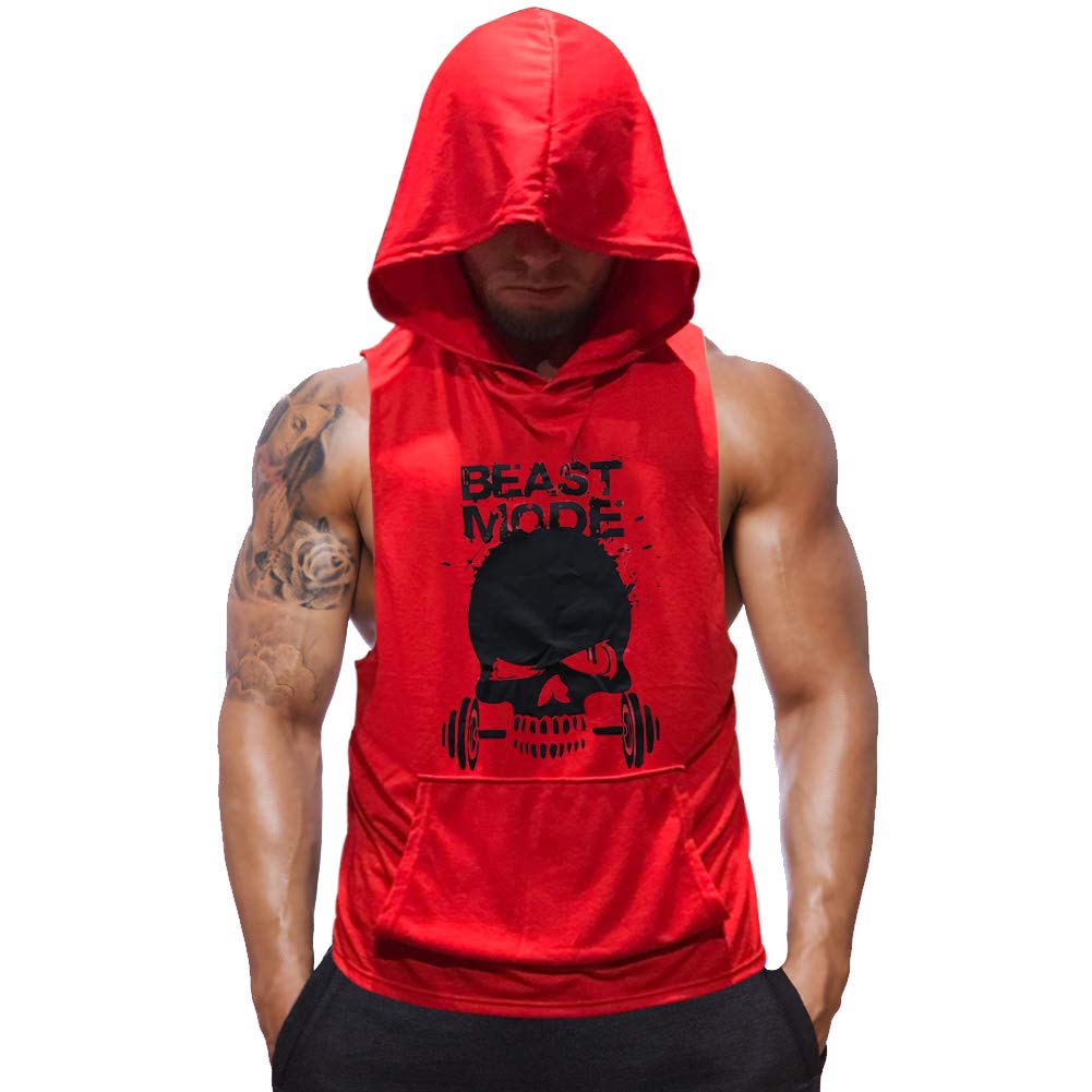 SZKANI Mens Skull Print Sleeveless Fitness Vest Bodybuilding Stringers Workout Tank Tops (Medium, Red(Single Dumbbell))