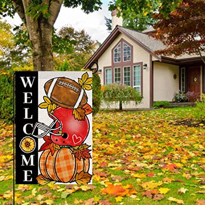 Baccessor Fall Football Welcome Garden Flags 12 x 18 Inch Vertical Double Sided, Pumpkin Autumn Sports Game Day Flag for Yard Thanksgiving Holiday Outside Outdoor Seasonal Decoration