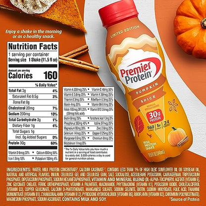 Premier Protein Shake Limited Edition 30g 1g Sugar 24 Vitamins Minerals Nutrients to Support Immune Health, Pumpkin Spice, 11.5 Fl Oz (Pack of 12)