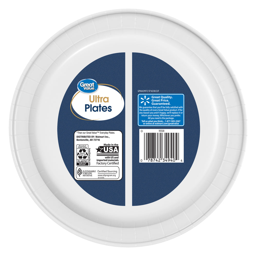 Great Value Ultra Disposable Paper Dinner Plates, White, 10 inch, 50 Plates, Patterned