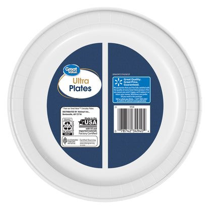 Great Value Ultra Disposable Paper Dinner Plates, White, 10 inch, 50 Plates, Patterned