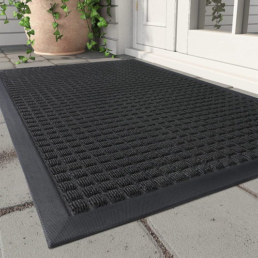 Montvoo Outdoor Mat Non Slip Door Mat 17"X30" Front Door Mat Absorbent Rubber Welcome Mat Low Profile Dirt Trapper Indoor Outdoor Doormat Thick Checker Entryway Rug Outdoor Floor Mat Black